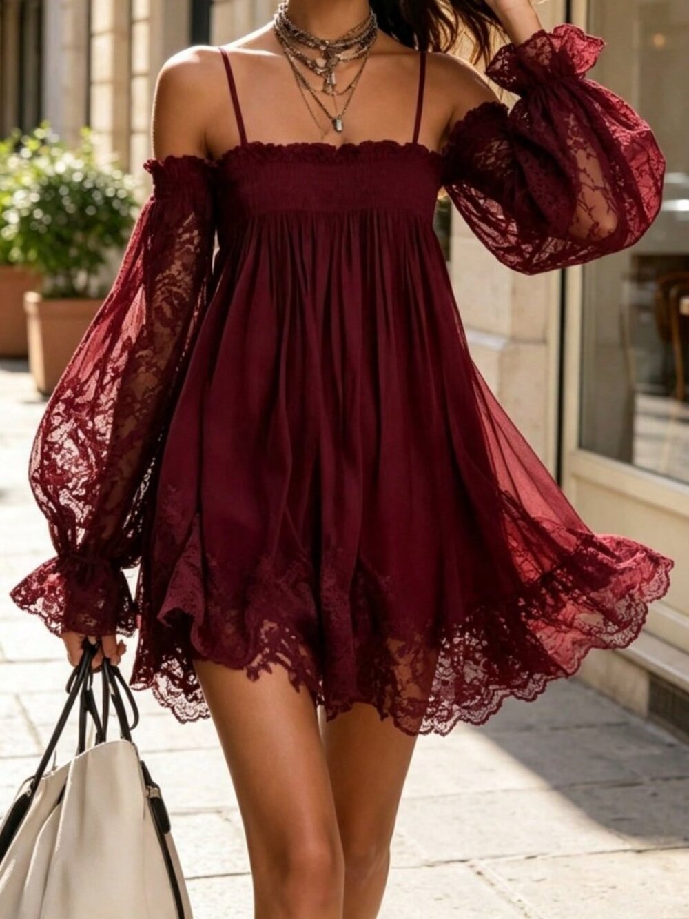 Burgundy Boho Women's Off Shoulder Lace Spaghetti Strap Mini Dress